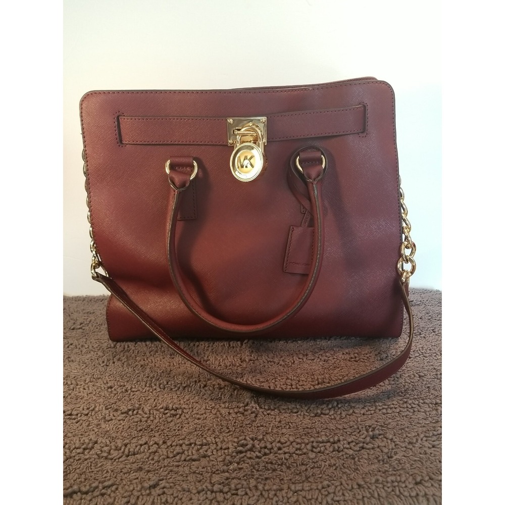 Michael Kors Womens L Burgundy Hamilton Gold Lock Hardware Shoulder Bag Purse